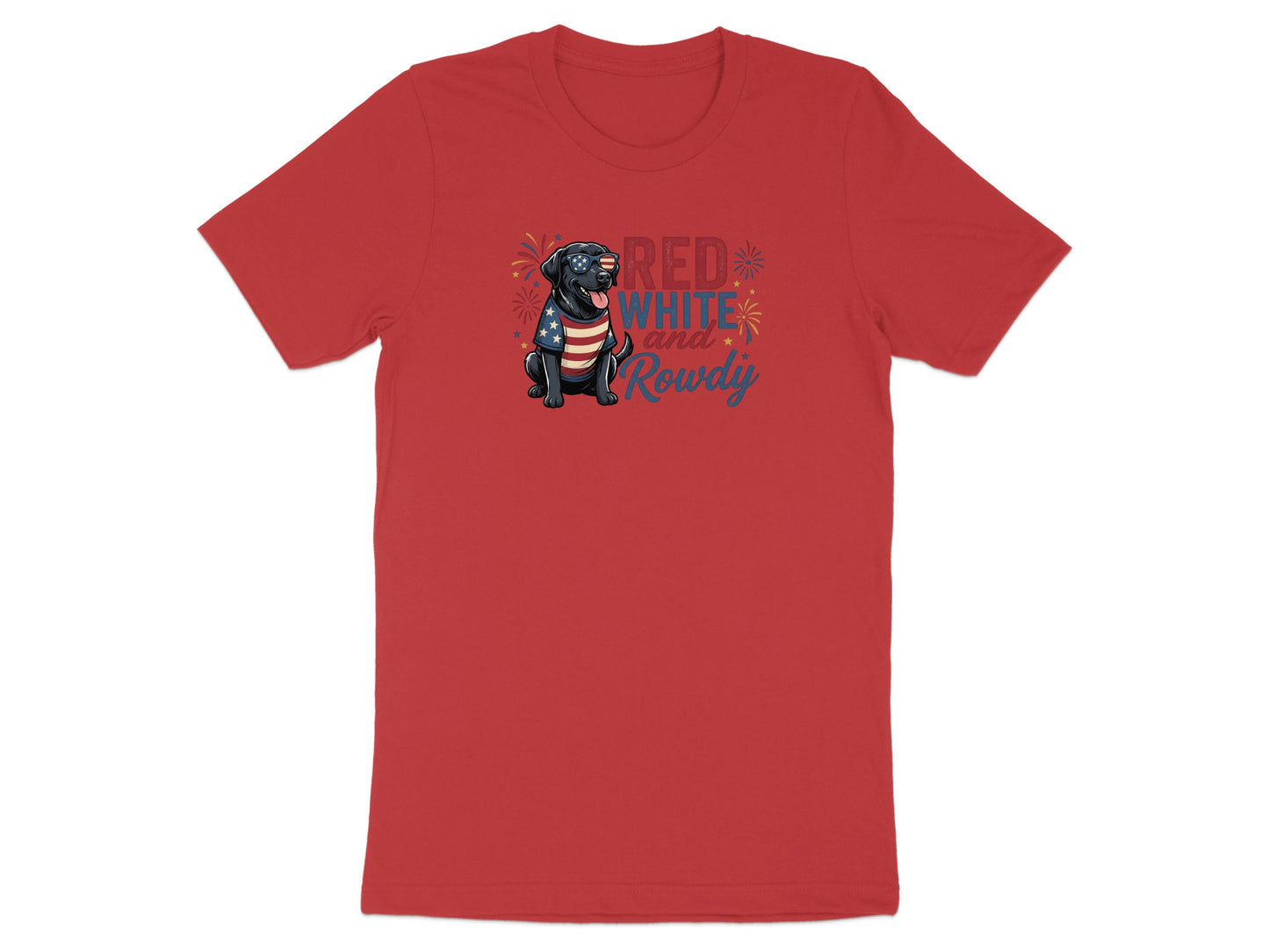 Black t-shirt with red, white, and blue "Red White and Rowdy" text and a black dog.