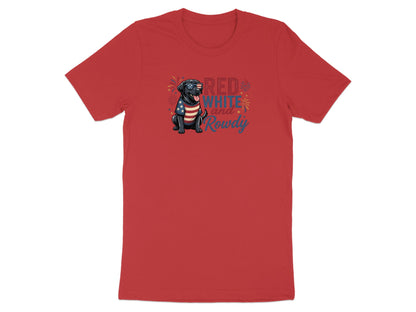 Black t-shirt with red, white, and blue "Red White and Rowdy" text and a black dog.