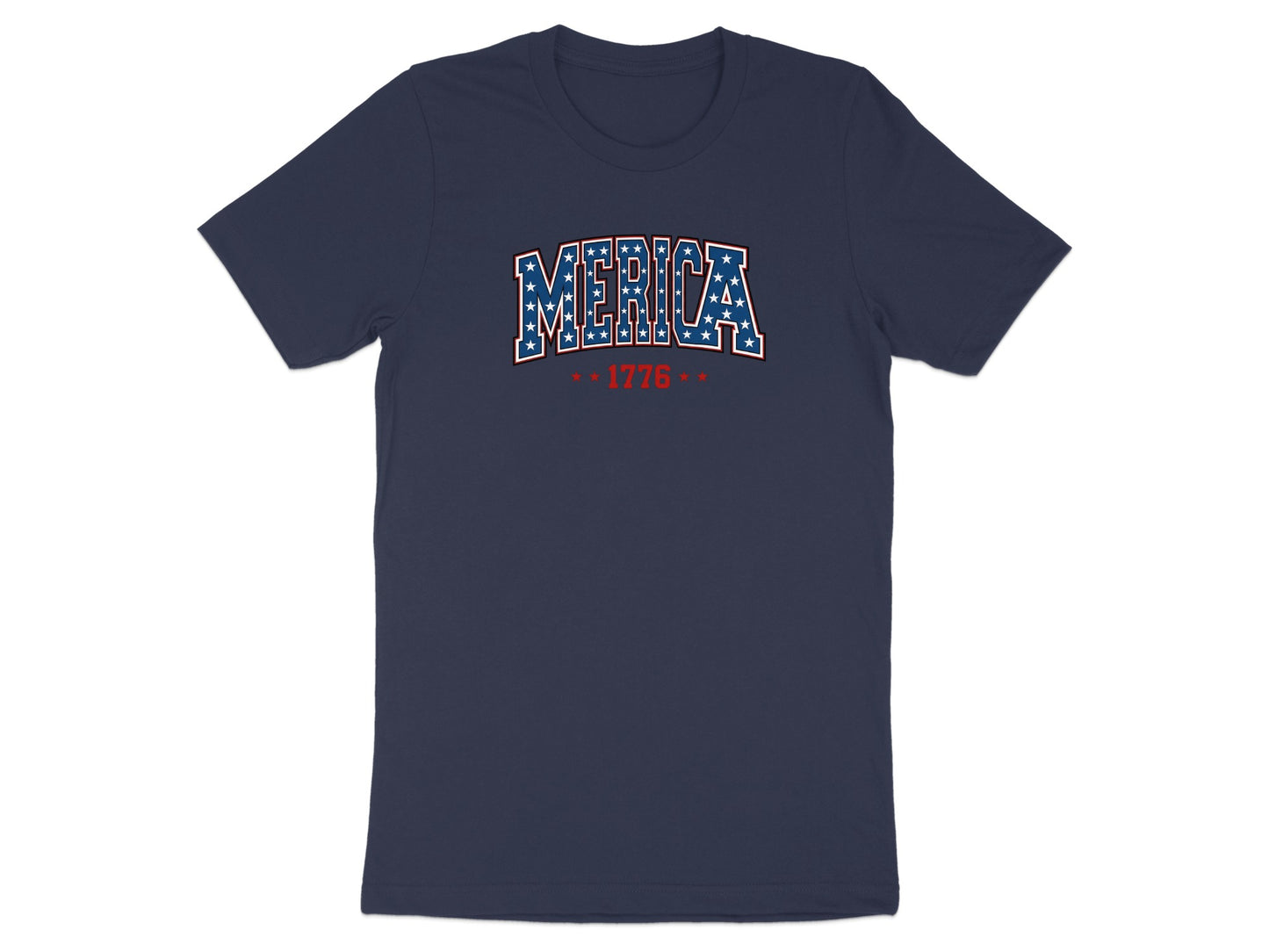 Navy t-shirt with "MERICA 1776" text in distressed white and red star pattern.