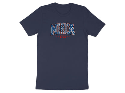Navy t-shirt with "MERICA 1776" text in distressed white and red star pattern.