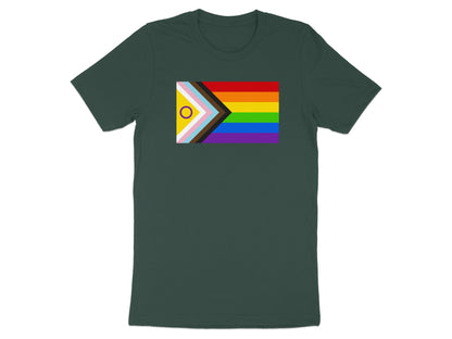 Dark green t-shirt with a pride flag featuring stripes and a circle.