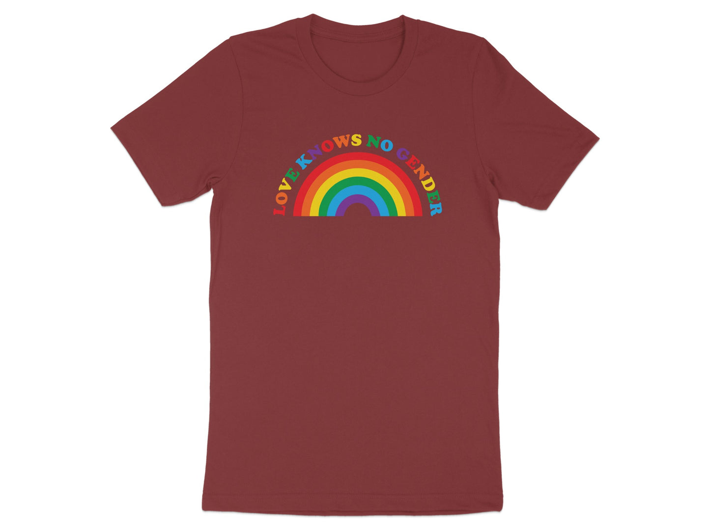 Burgundy t-shirt with rainbow arc text "LOVE KNOWS NO GENDER".