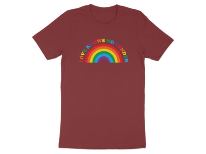 Burgundy t-shirt with rainbow arc text "LOVE KNOWS NO GENDER".