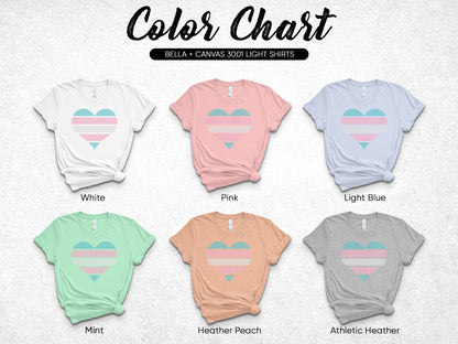 Bella + Canvas 3001 light shirts color chart with six t-shirt colors.