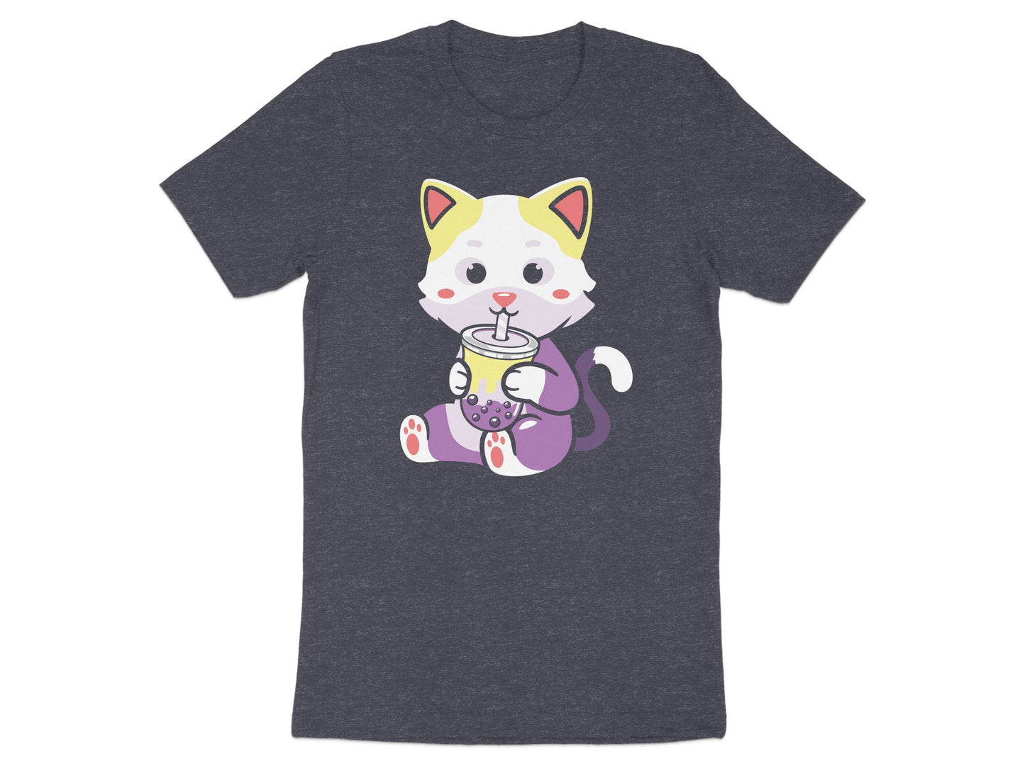 T-shirt featuring a cartoon cat drinking bubble tea.
