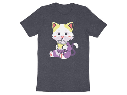 T-shirt featuring a cartoon cat drinking bubble tea.
