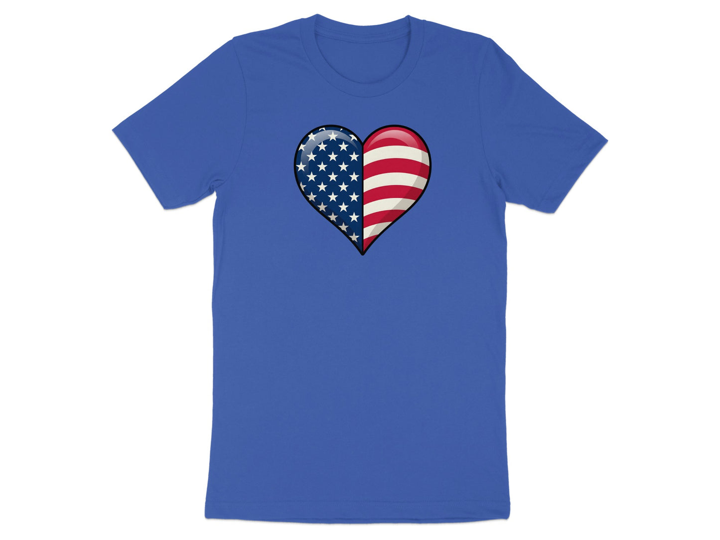 Blue t-shirt with a heart graphic designed like the American flag.