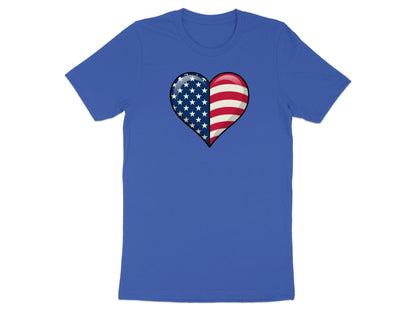 Blue t-shirt with a heart graphic designed like the American flag.