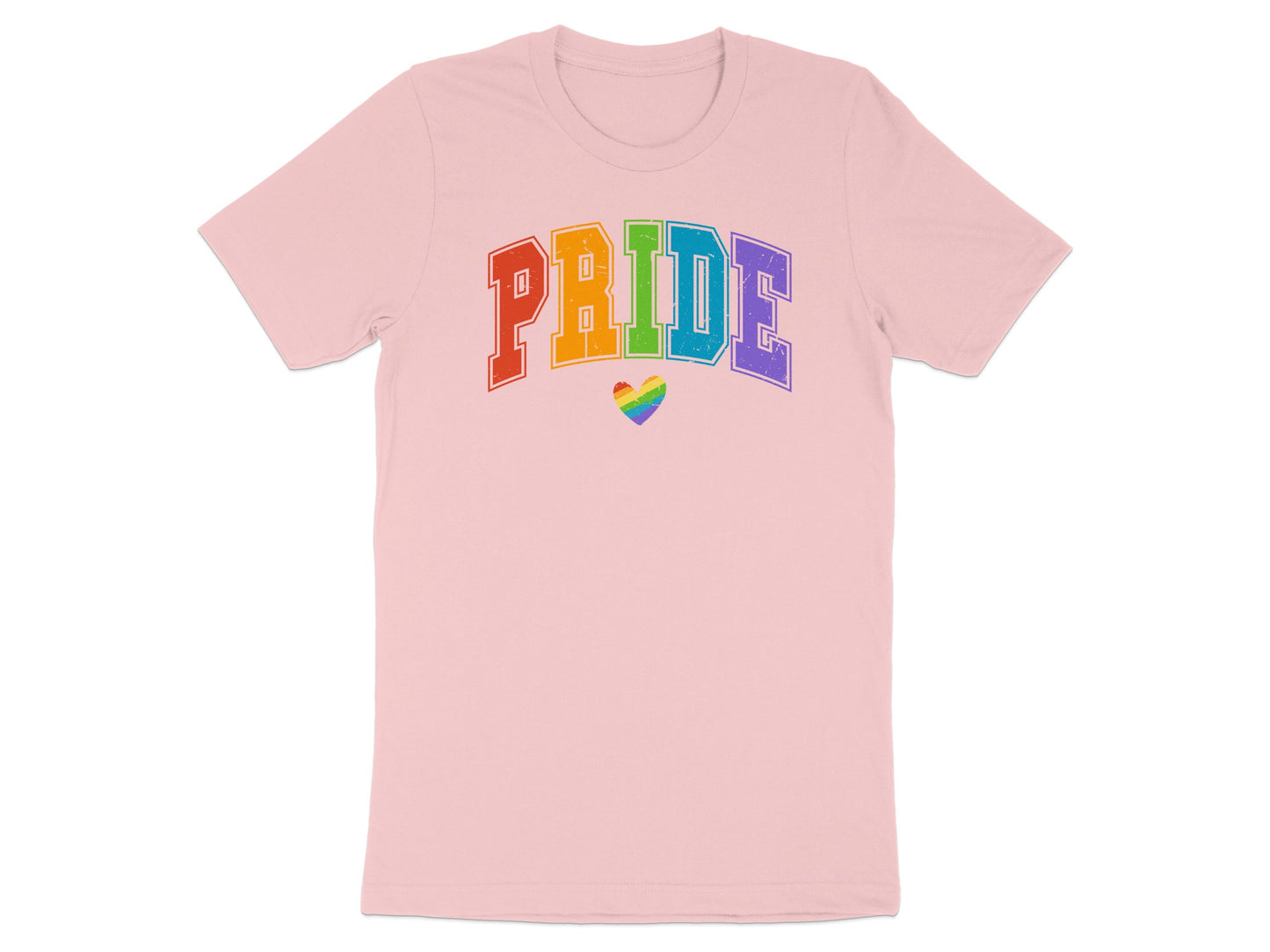 Pink t-shirt with rainbow "Pride" text and a heart.