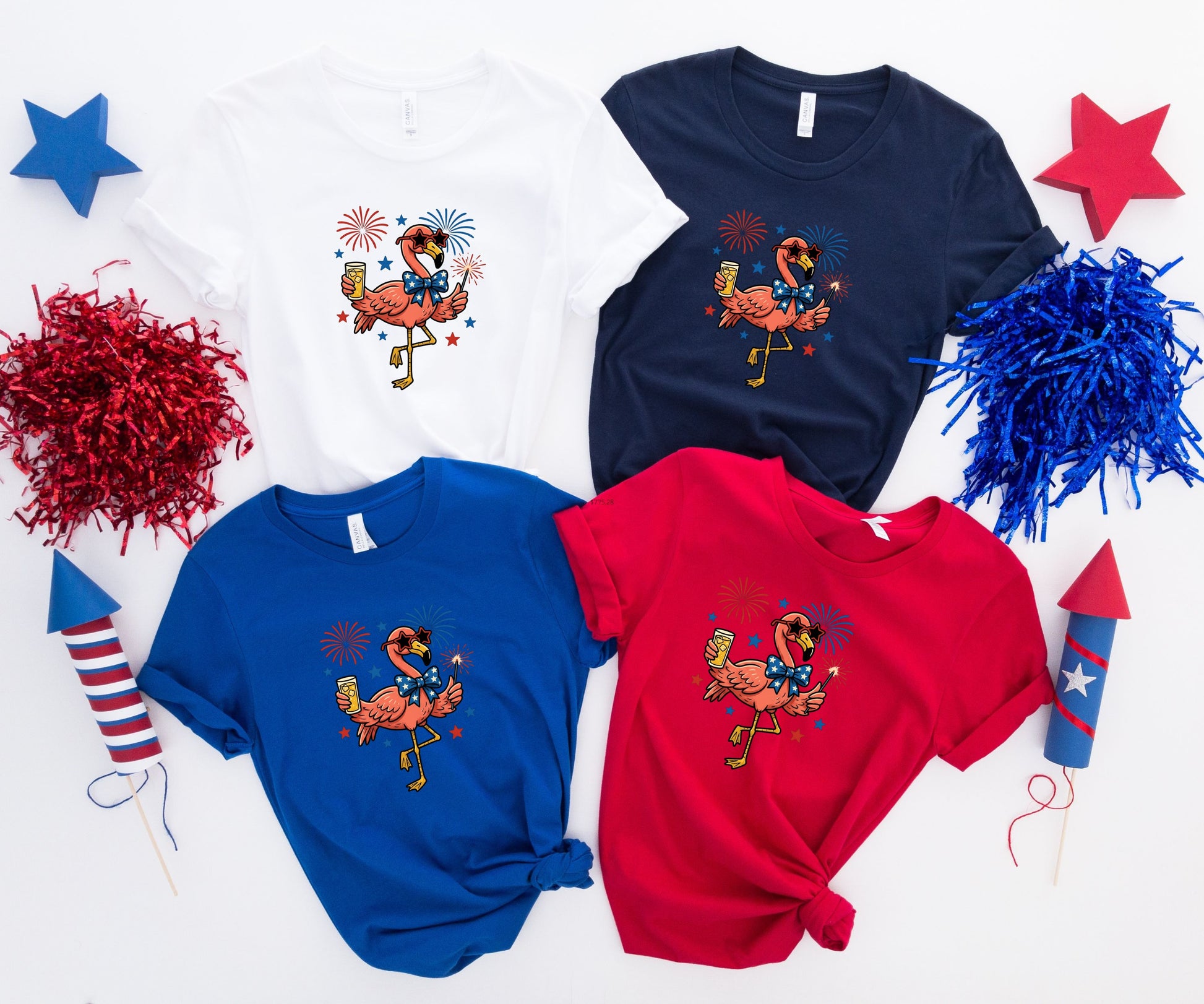 Four t-shirts with a cartoon flamingo holding a drink and fireworks.