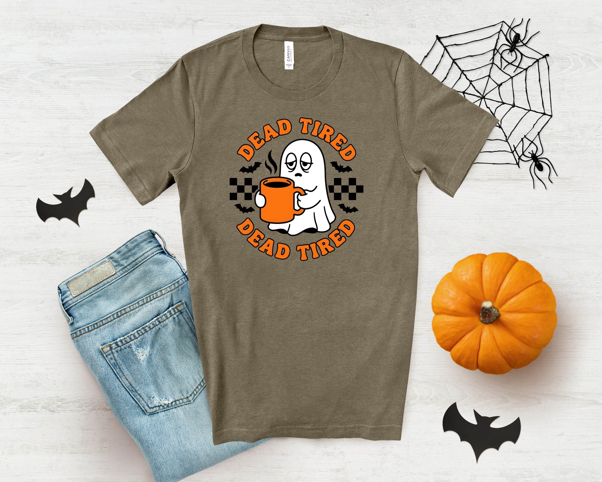 T-shirt with ghost holding coffee mug and text "DEAD TIRED".