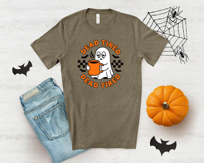 T-shirt with ghost holding coffee mug and text "DEAD TIRED".