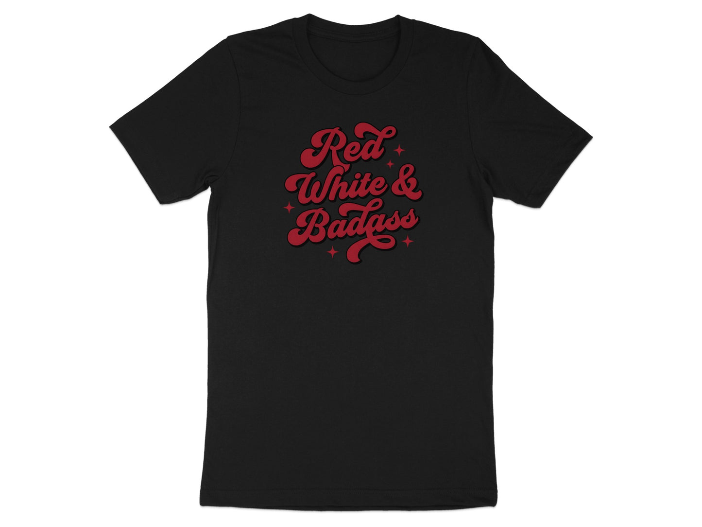 Black t-shirt with "Red White & Badass" text in red stylized lettering.