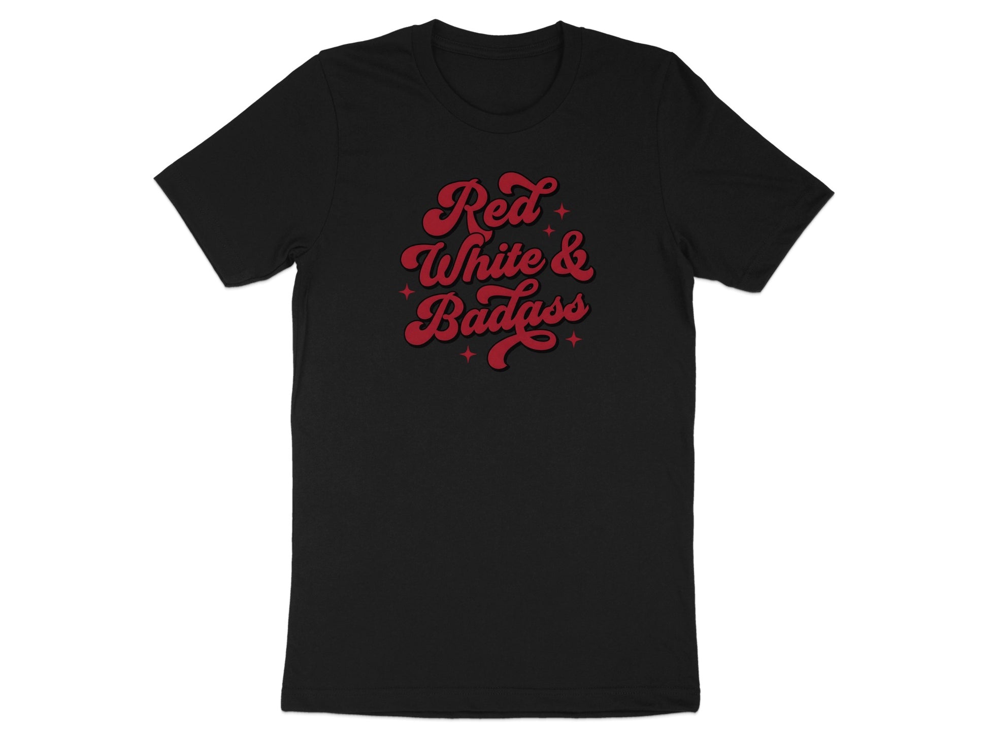 Black t-shirt with "Red White & Badass" text in red stylized lettering.