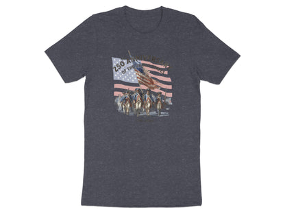 T-shirt featuring soldiers marching with an American flag, "250th Anniversary of the United States" text.