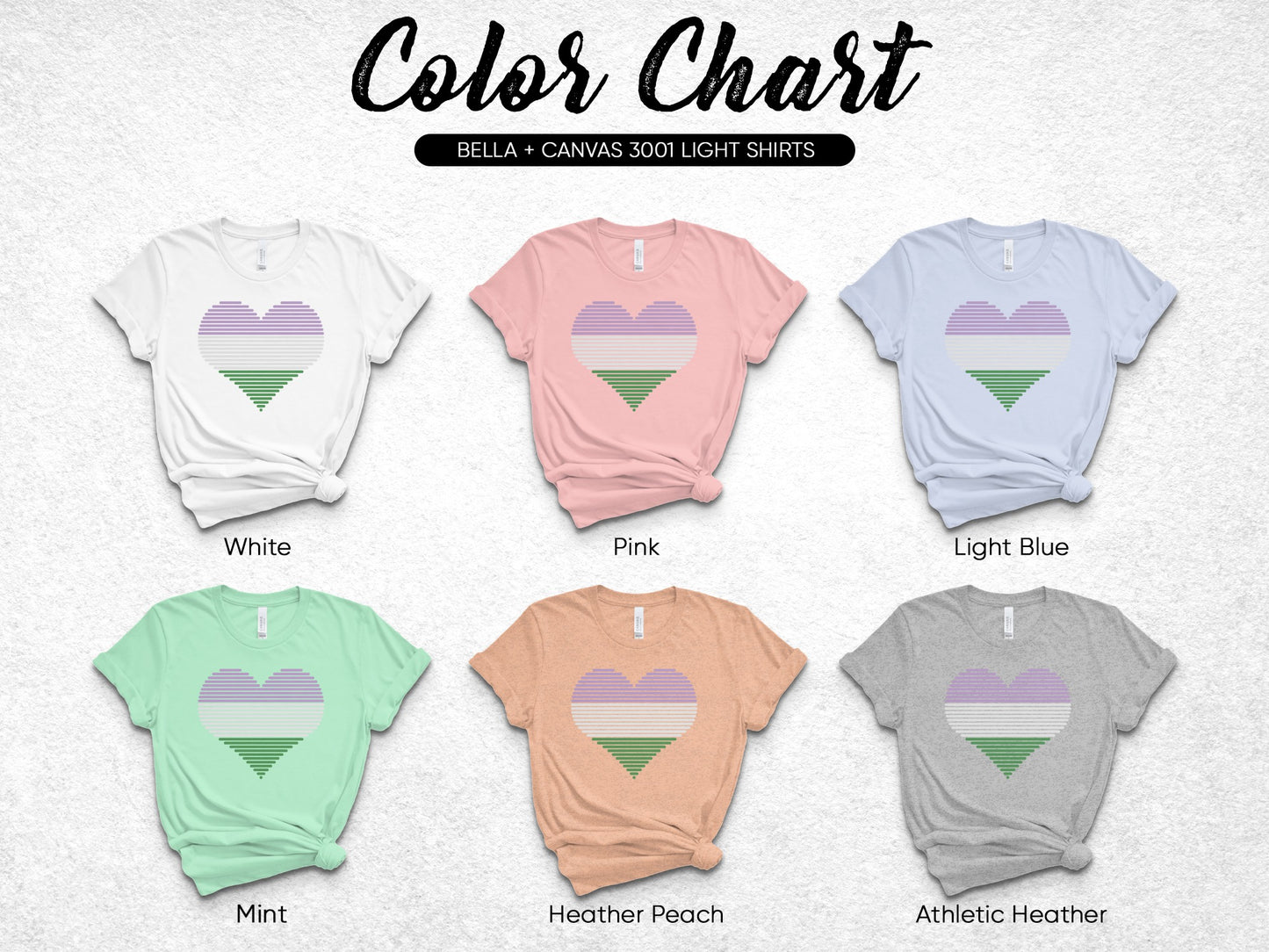 Color chart showing six Bella + Canvas 3001 light shirts in different colors.