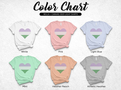 Color chart showing six Bella + Canvas 3001 light shirts in different colors.
