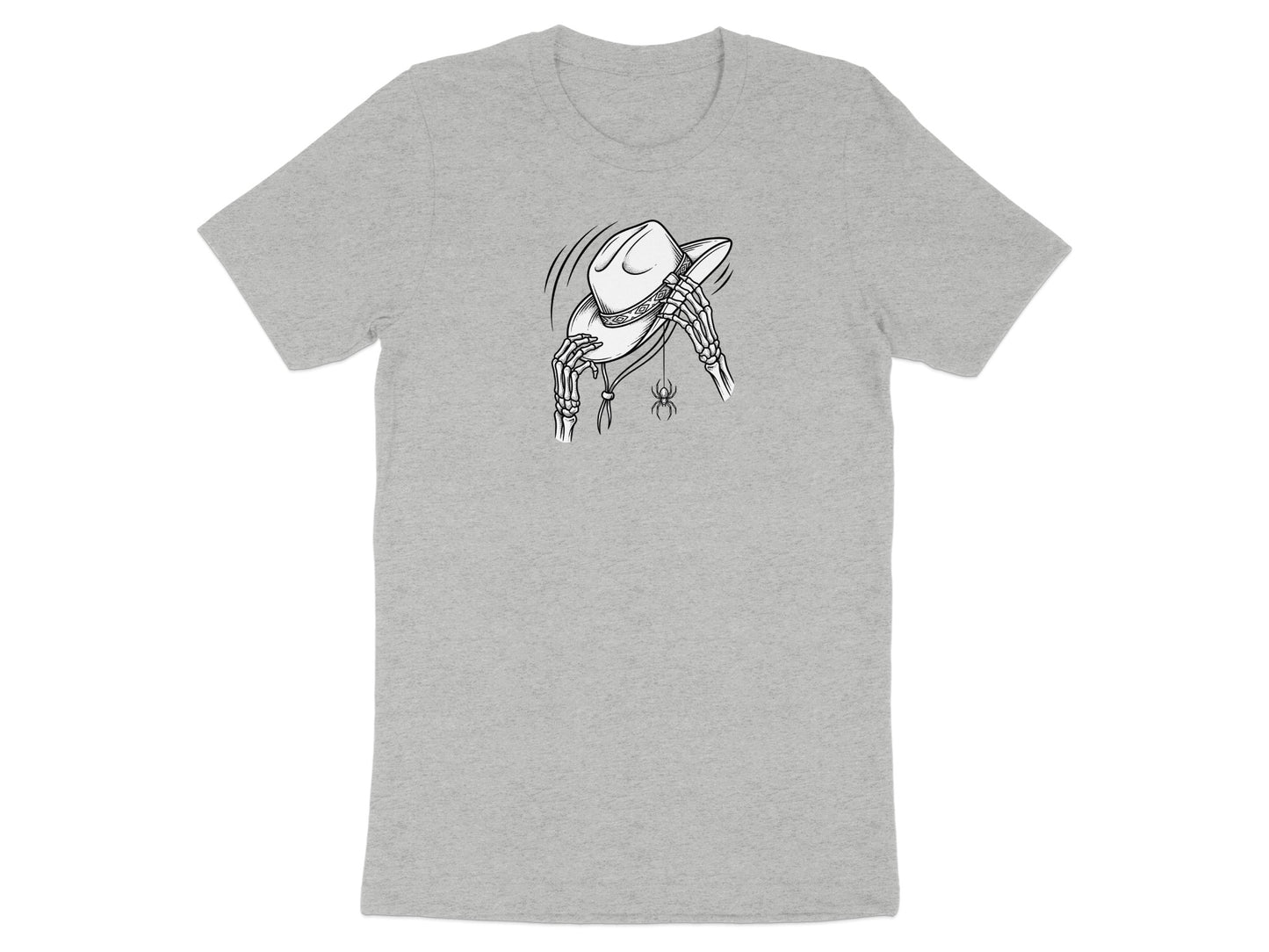 Skeleton hands hold a cowboy hat with a spider dangling below on a grey t-shirt.