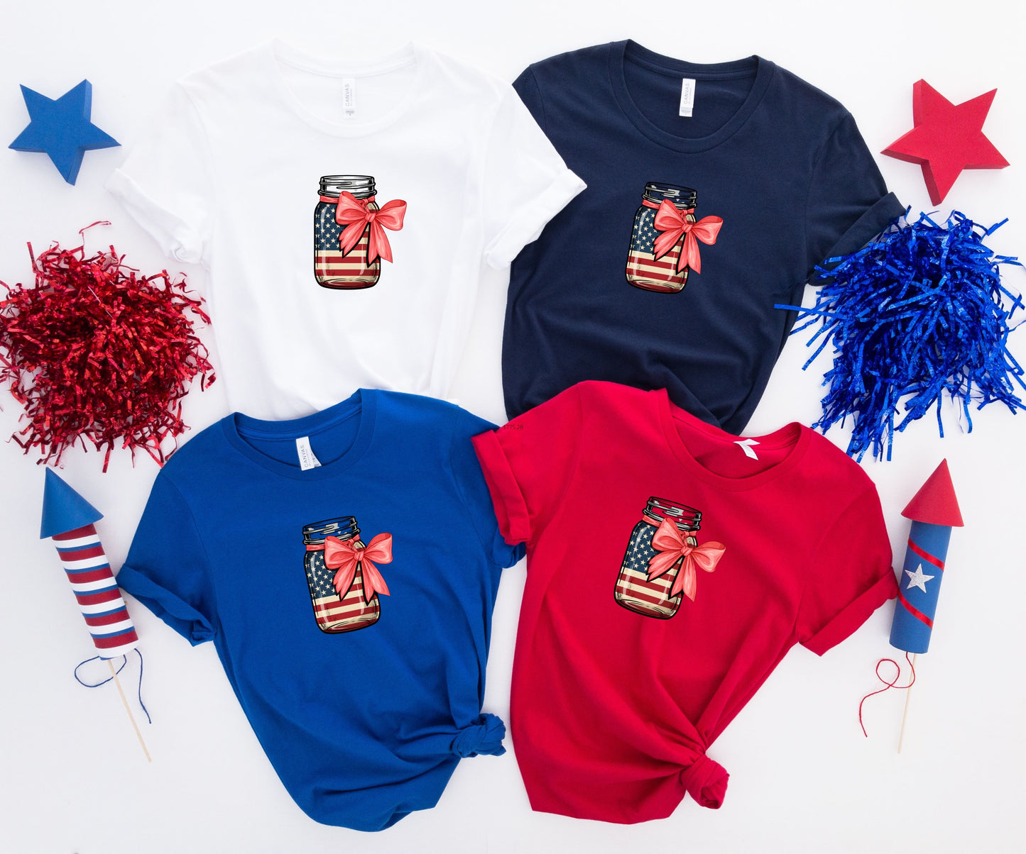 Four t-shirts in red, white, blue, and navy featuring a patriotic mason jar graphic.