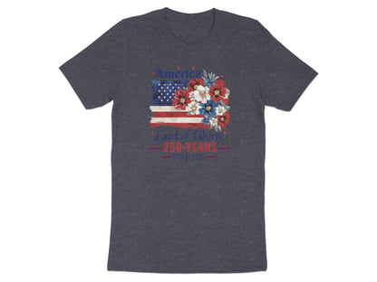 Dark t-shirt with American flag, floral design, and text "America 250 Years 1776-2026".