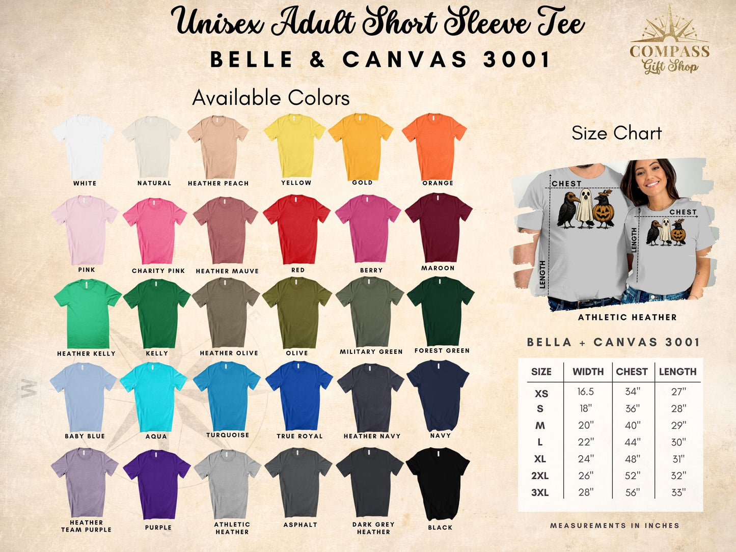 Unisex adult short sleeve tee available in multiple colors with size chart.