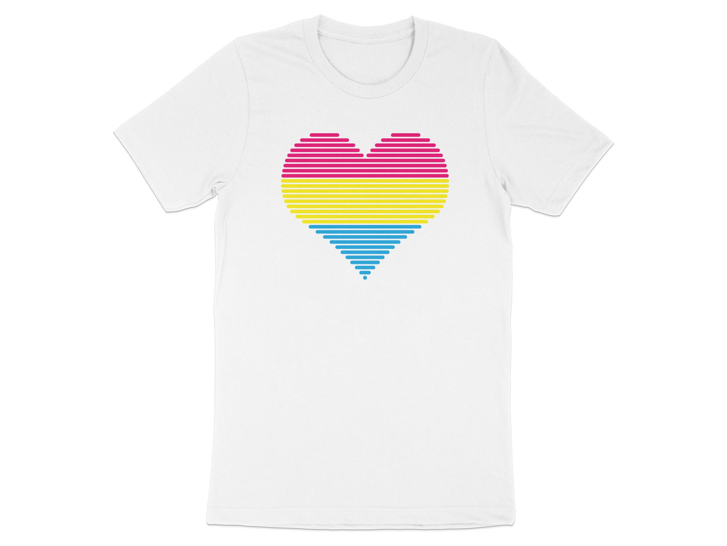 White t-shirt with a pink, yellow, and blue striped heart graphic.