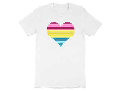 White t-shirt with a pink, yellow, and blue striped heart graphic.