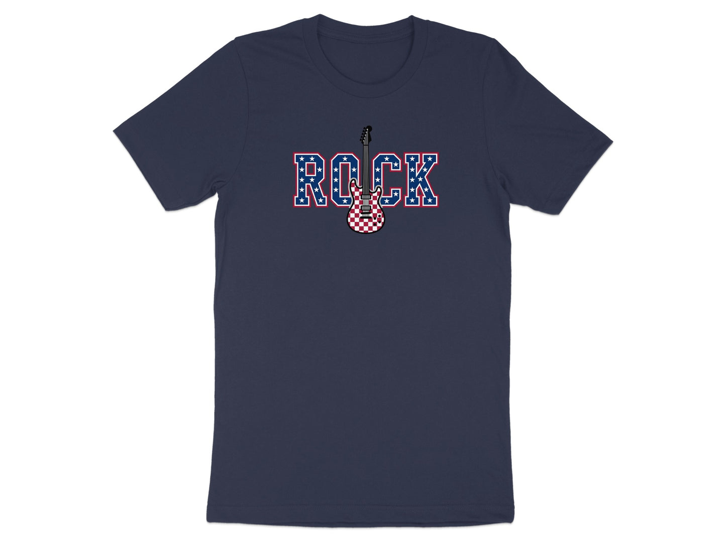Navy t-shirt with "ROCK" text and electric guitar graphic.