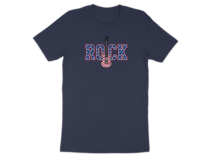 Navy t-shirt with "ROCK" text and electric guitar graphic.