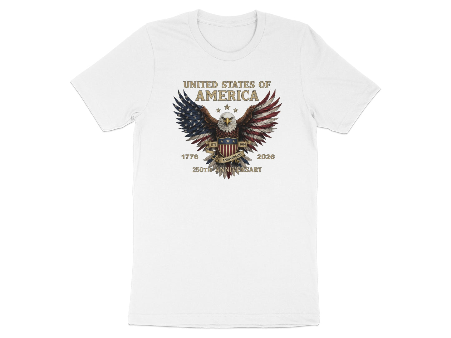 White t-shirt with eagle graphic celebrating America's 250th Anniversary.