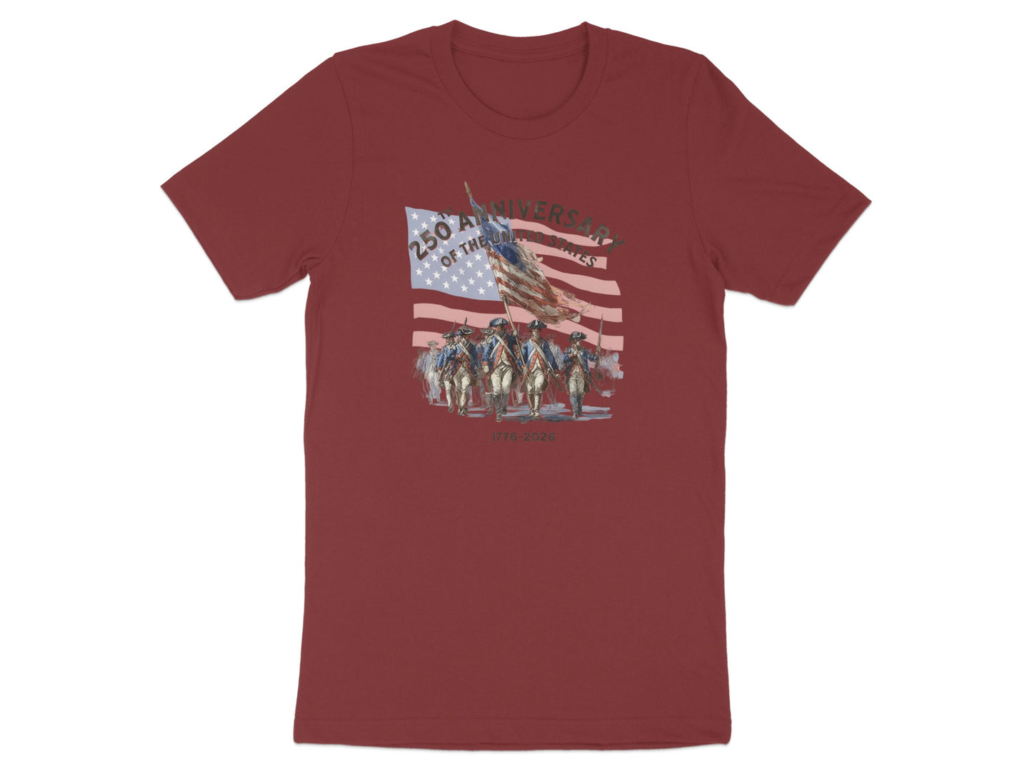 Maroon t-shirt featuring soldiers marching with the American flag and "250th Anniversary" text.