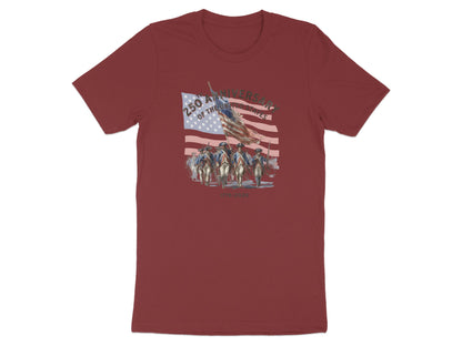 Maroon t-shirt featuring soldiers marching with the American flag and "250th Anniversary" text.