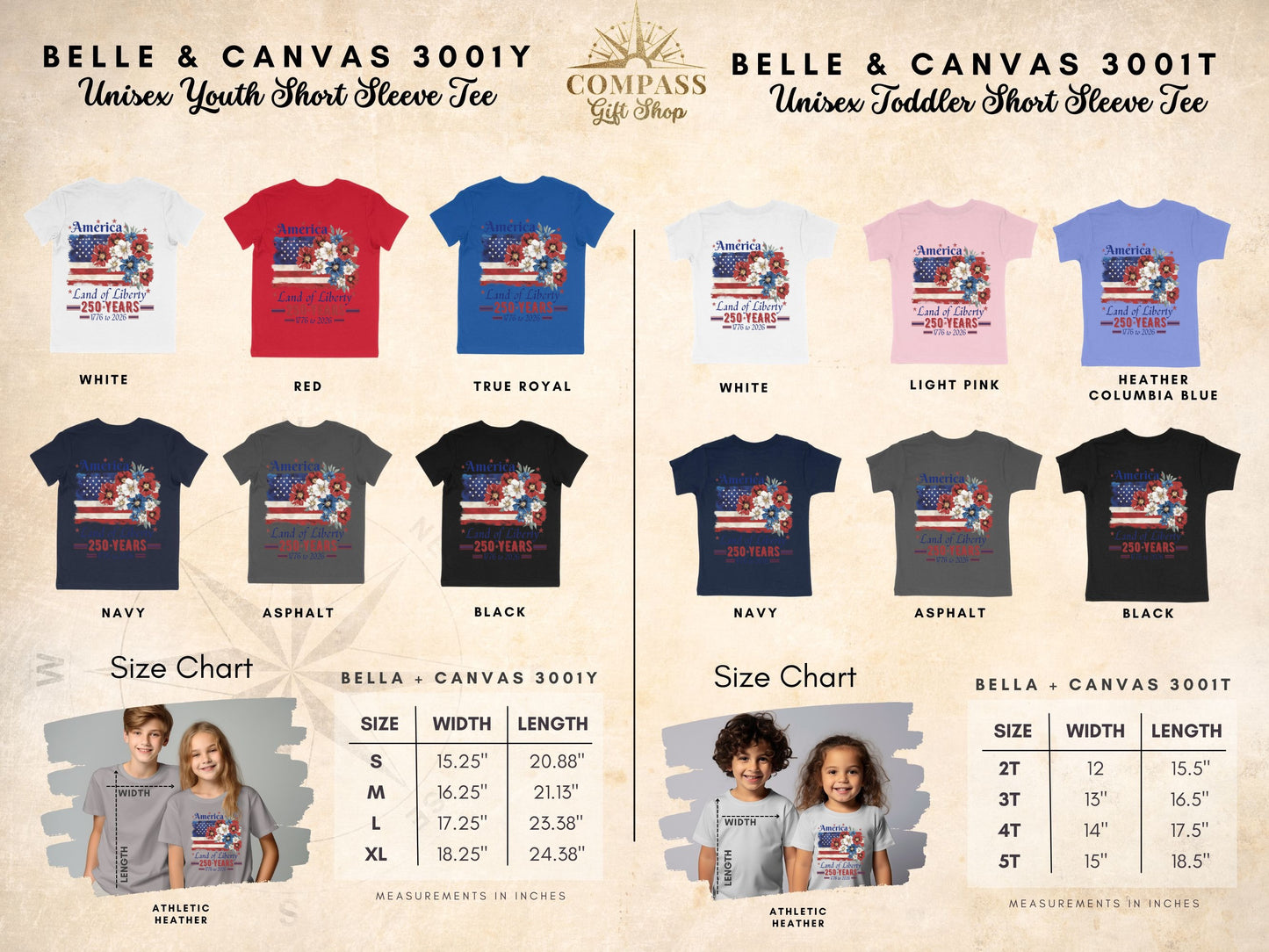 Youth and toddler "America Land of Liberty" graphic tees in multiple colors with size charts.
