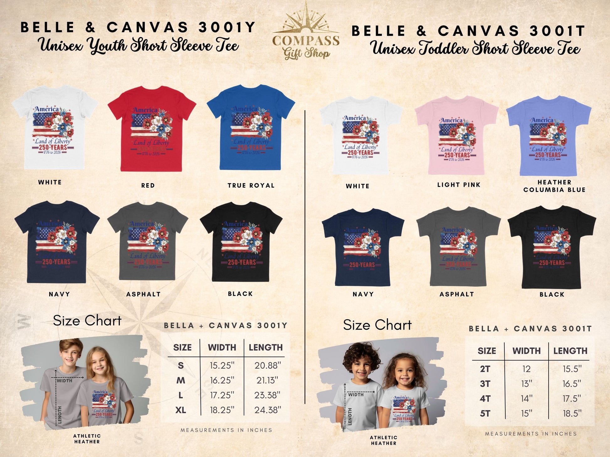 Youth and toddler "America Land of Liberty" graphic tees in multiple colors with size charts.