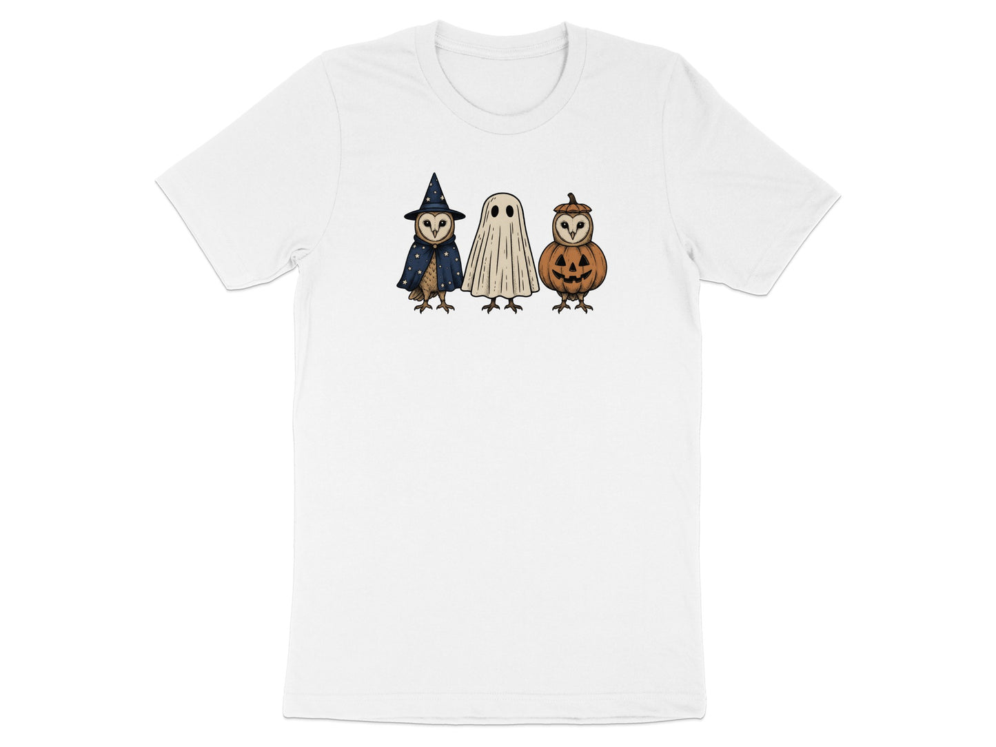 White t-shirt with three cartoon owls dressed for Halloween.