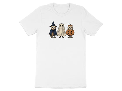 White t-shirt with three cartoon owls dressed for Halloween.