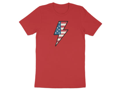 Red t-shirt with a lightning bolt featuring the American flag pattern.