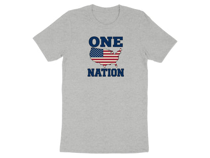 Grey t-shirt with "ONE NATION" text and American flag map of the US.