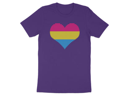 Purple t-shirt with a horizontally striped pansexual pride heart design.