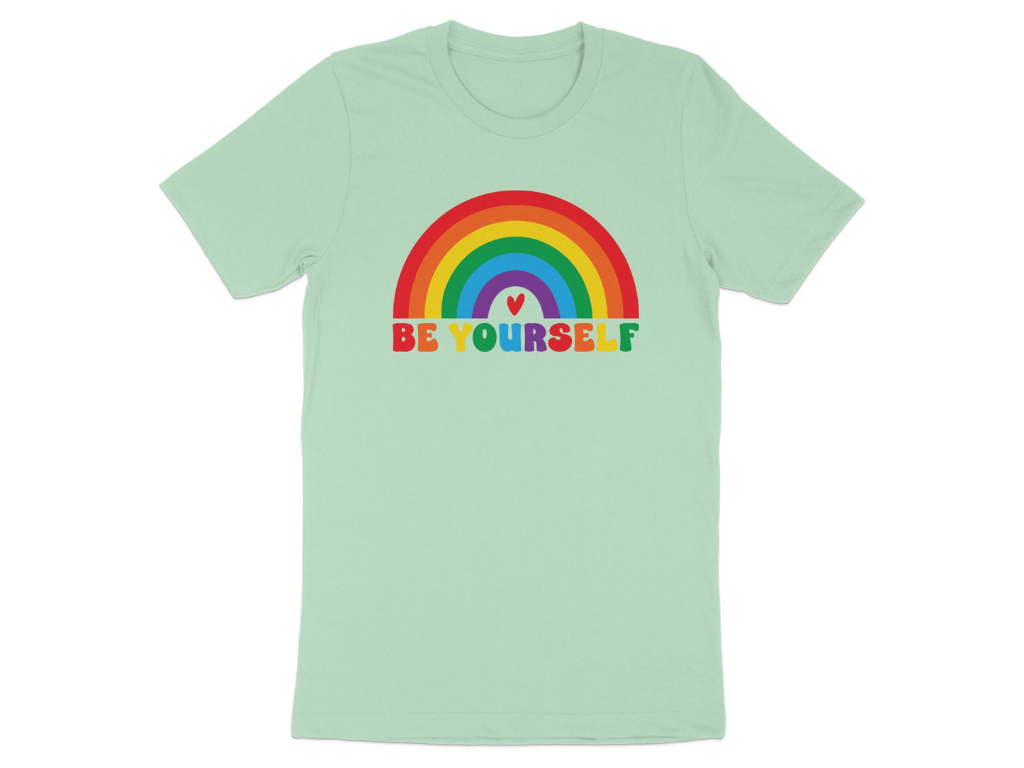 Light green t-shirt with a rainbow and "BE YOURSELF" text.