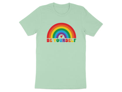 Light green t-shirt with a rainbow and "BE YOURSELF" text.