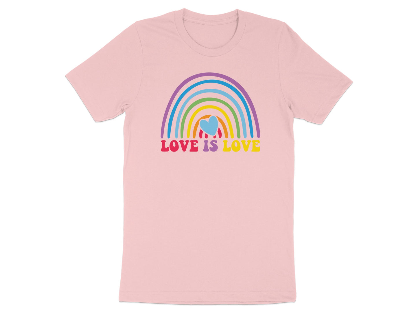 Pink t-shirt with rainbow and "LOVE IS LOVE" text.