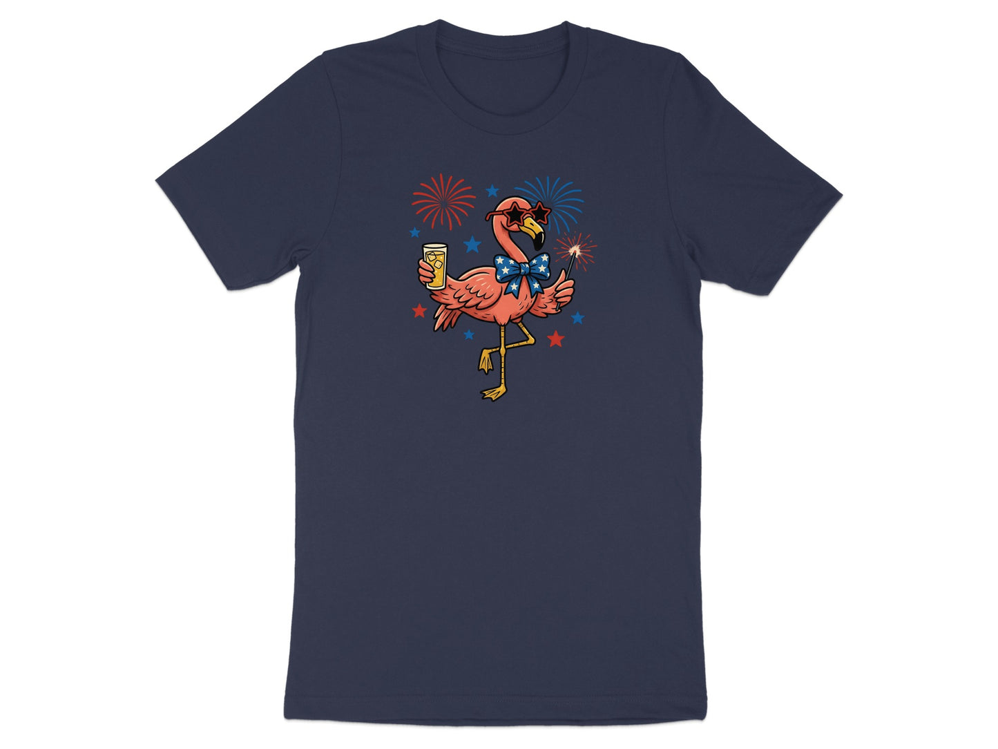 Flamingo wearing sunglasses and bow tie holding beer with fireworks.