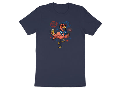 Flamingo wearing sunglasses and bow tie holding beer with fireworks.