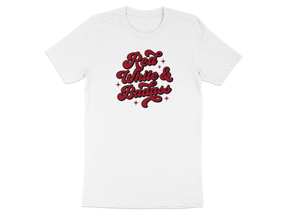 White t-shirt with "Red White & Badass" text in retro red lettering.