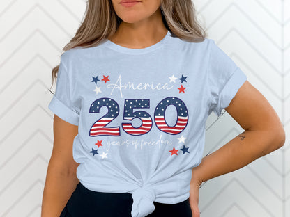 Light blue t-shirt with "America 250 years of freedom" in patriotic design.