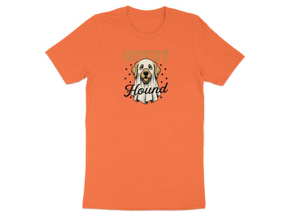 Orange t-shirt with a dog wearing a ghost costume and "Howdy Hound" text.