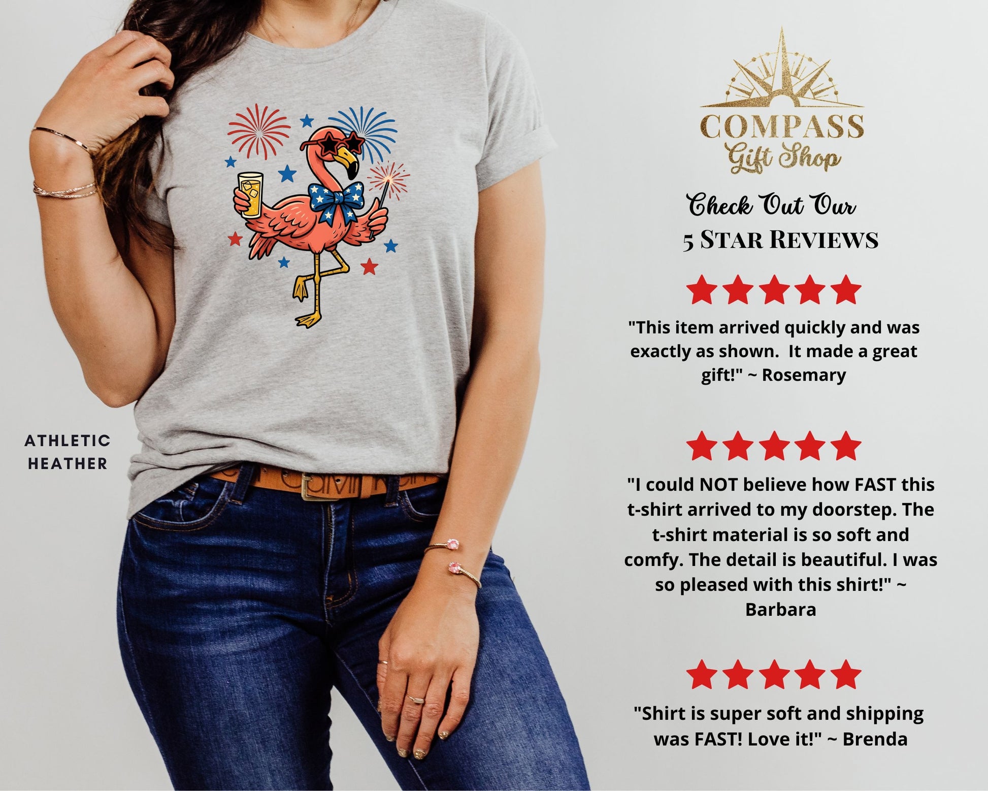Flamingo graphic on gray t-shirt with fireworks and star reviews.