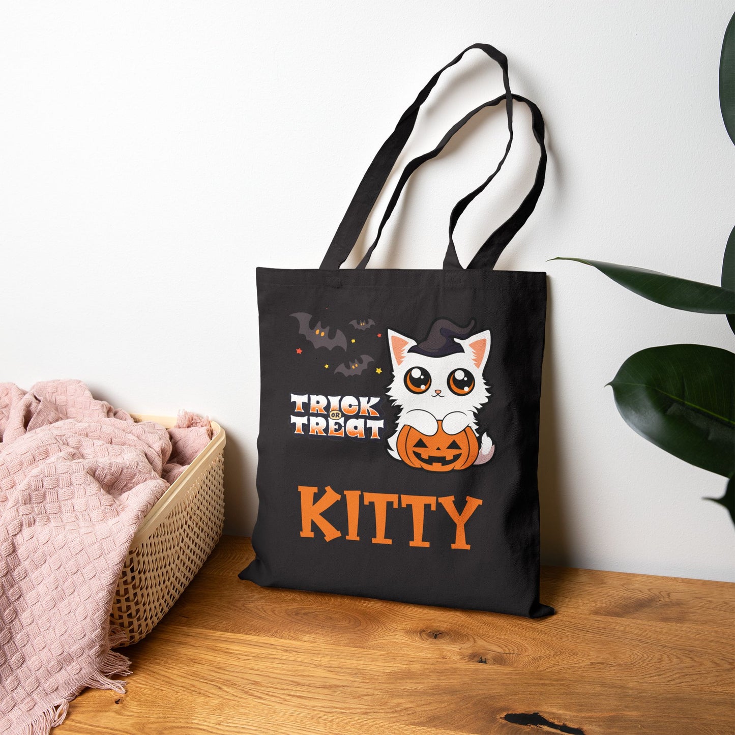 Personalized Trick or Treat Cute Kitten Halloween Tote Candy Bag for Cat Kovers