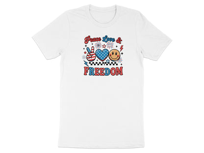 White t-shirt with "Peace Love & Freedom" graphic and patriotic symbols.